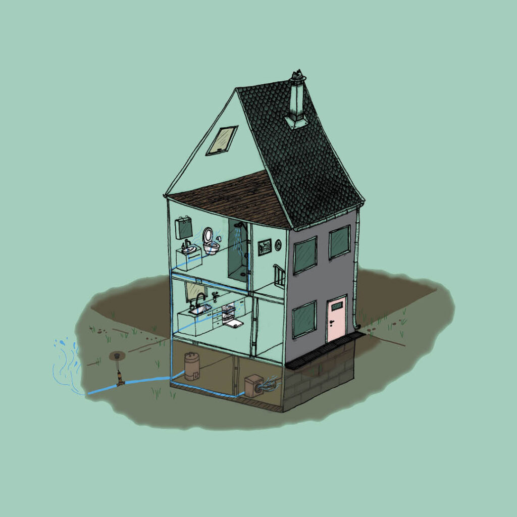 Ikon av hus tilkoblet vann og avløp. Illustrasjon.