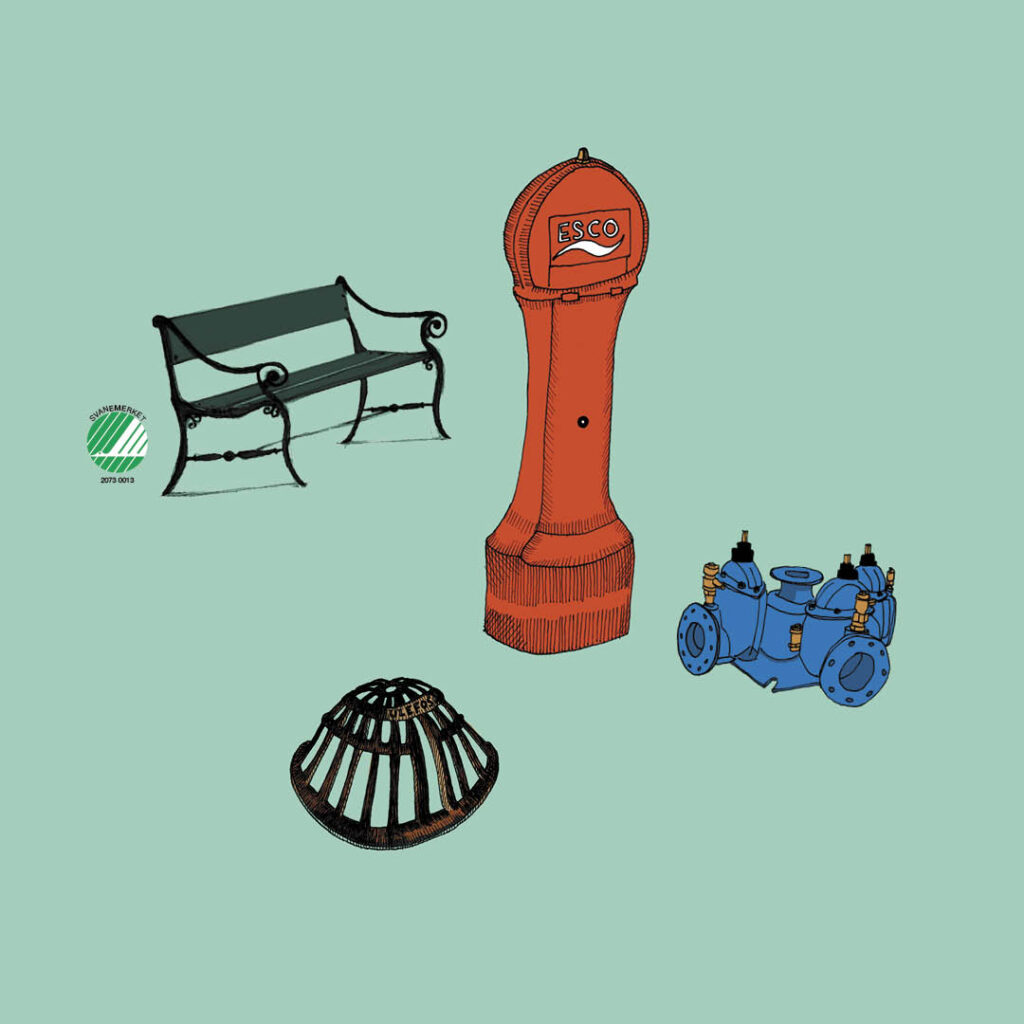 Ikoner av svanemerket Ulefos parkbenk, Ulefos Esco brannhydrant, Ulefos Esco ventil og Ulefos kuppelrist. Illustrasjon.