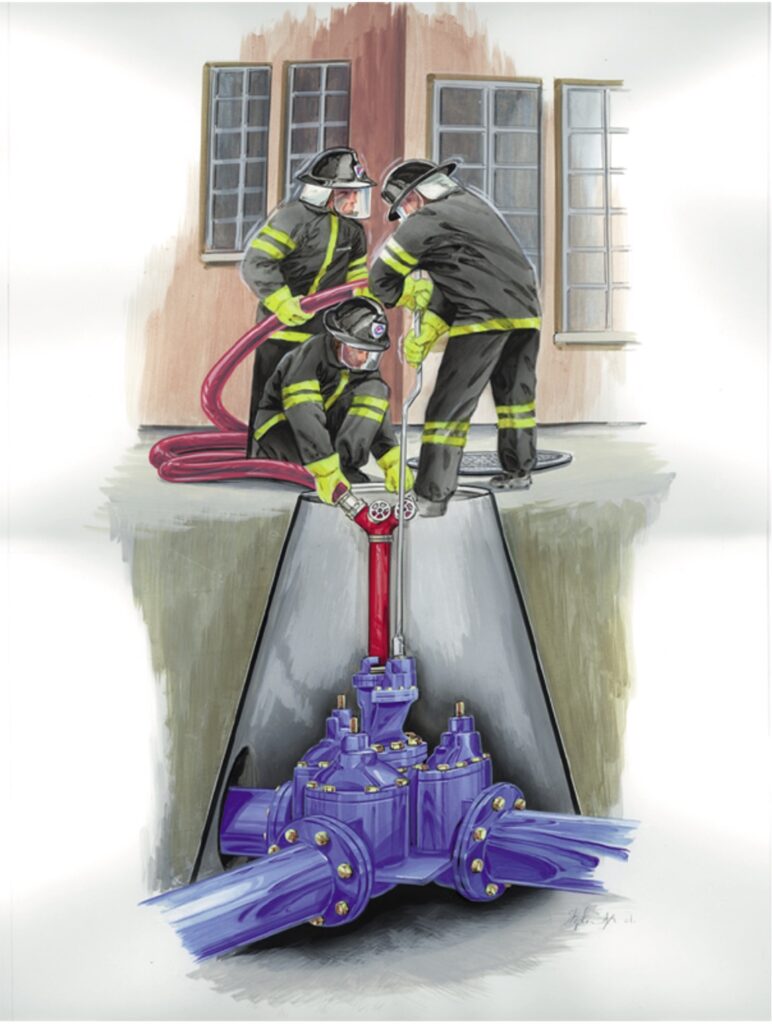 Tre brannmenn kobler til brannstender og brannslange på brannventil i kum. Illustrasjon.