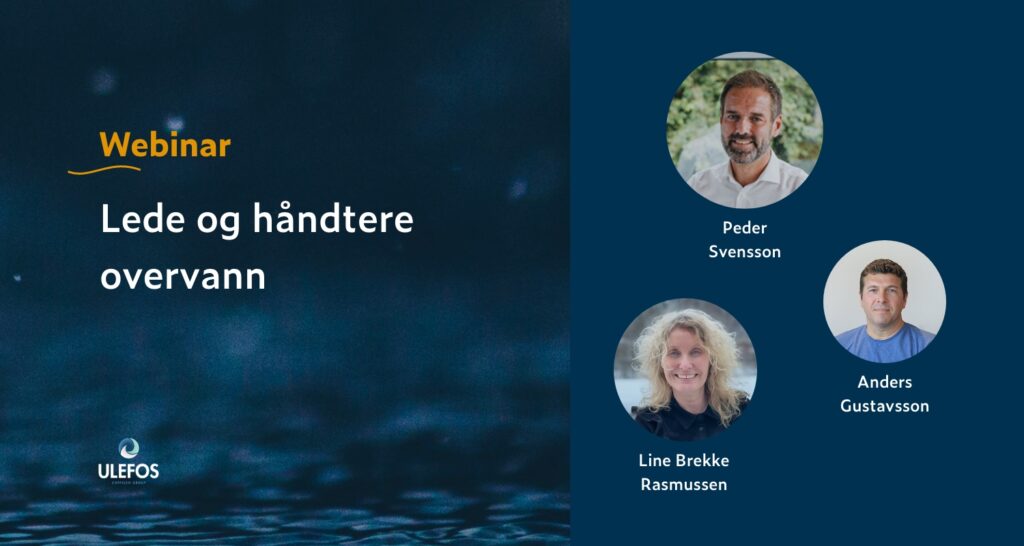 Banner for webinar om overvann med Line Brekke Rasmussen, Peder Svensson og Anders Gustavsson. Grafikk.